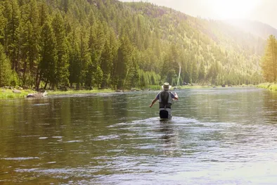 Fischer beim Fliegenfischen im Fluss des Bundesstaates Montana