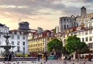 Fountain at Praça do Comércio square and castilo S. Jorge castle in Lisbon Portugal