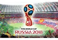 Banner of the Russian 2018 Fifa World Cup with the golden red blue and black logo