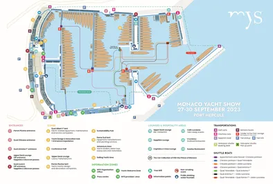 Comprehensive map of the Monaco Yacht Show 2023, detailing yacht berths, entry points, designated zones, lounge and hospitality spaces, as well as essential transport links and other key information.