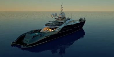 Extrem detailliertes und realistisches hochauflösendes 3D-Bild einer Luxus-Superyacht mit Hubschrauber, Swimmingpool und Jacuzzi